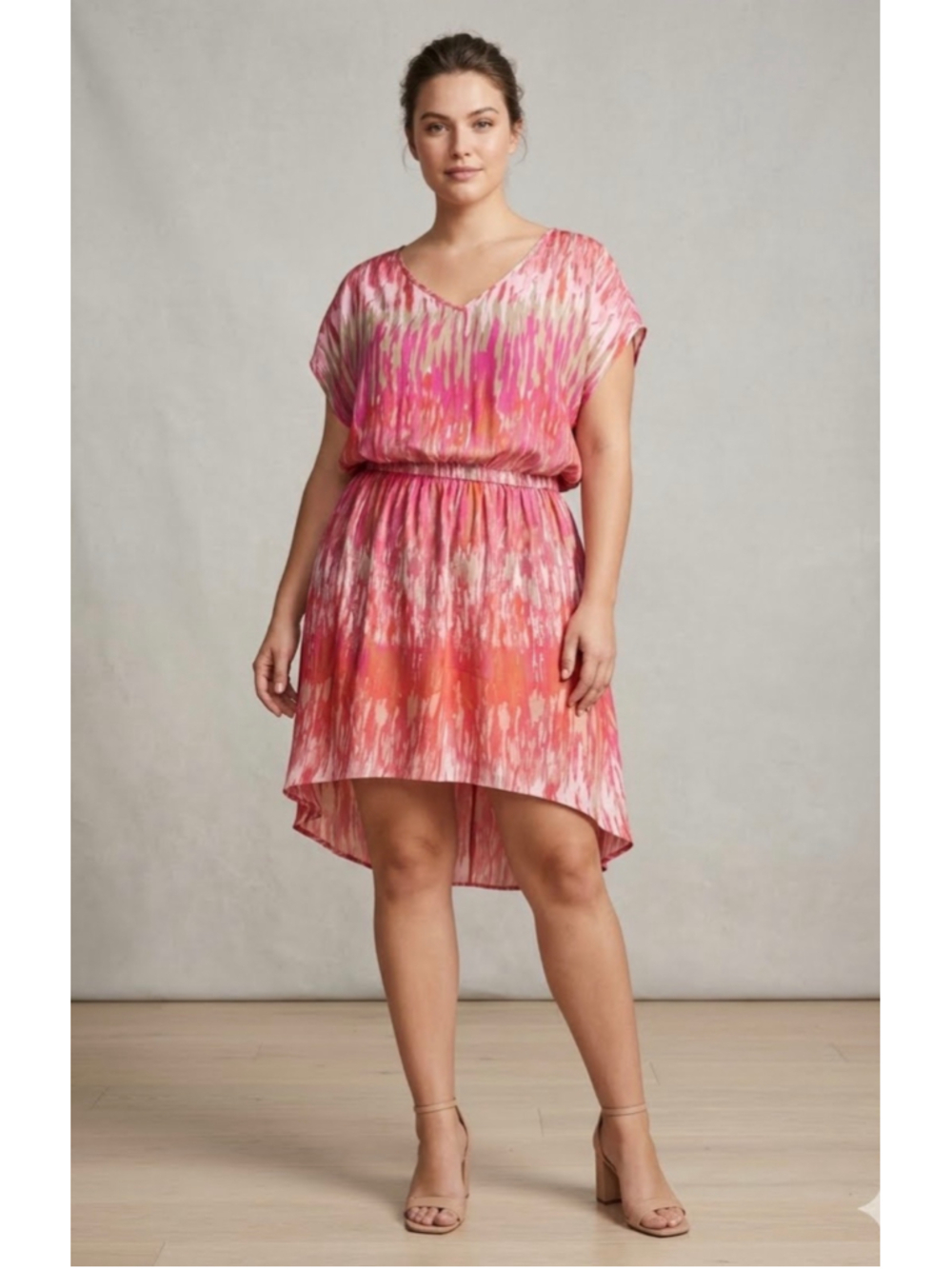 Women’s Express Pink High-Low Pink Gold Watercolor Boho Dress size Medium NEW